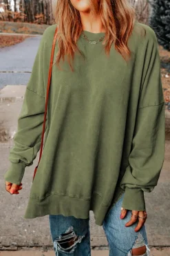 Best Dear-Lover Drop Shoulder Ribbed Trim Oversized Sweatshirt Green