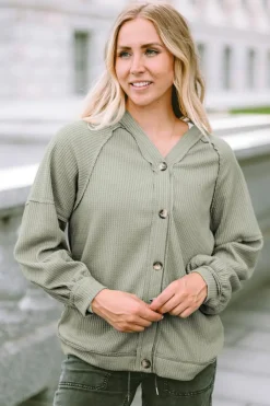Hot Dear-Lover Exposed Seam Buttons Front Waffle Knit Cardigan Green