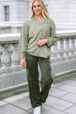 Hot Dear-Lover Exposed Seam Buttons Front Waffle Knit Cardigan Green