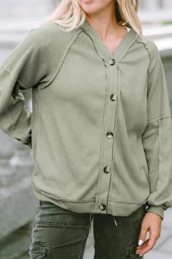 Hot Dear-Lover Exposed Seam Buttons Front Waffle Knit Cardigan Green