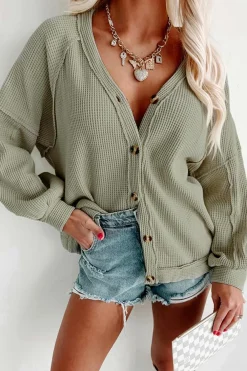 Hot Dear-Lover Exposed Seam Buttons Front Waffle Knit Cardigan Green