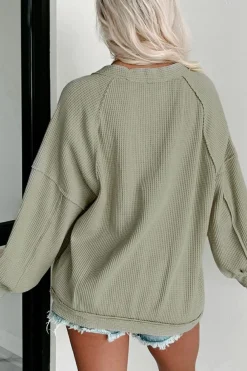 Hot Dear-Lover Exposed Seam Buttons Front Waffle Knit Cardigan Green