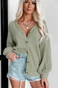 Hot Dear-Lover Exposed Seam Buttons Front Waffle Knit Cardigan Green