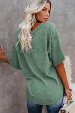 Best Dear-Lover Exposed Seam Half Sleeve Knitted V Neck Textured Top Green