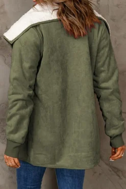 Hot Dear-Lover Faux Suede Fleece Lined Open Front Jacket Green