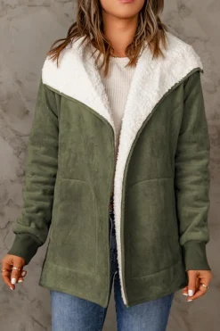 Hot Dear-Lover Faux Suede Fleece Lined Open Front Jacket Green
