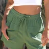 Fashion Dear-Lover Flap Pocket Casual Drawstring Shorts Green