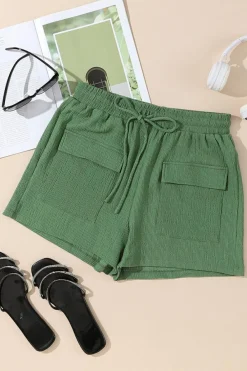Fashion Dear-Lover Flap Pocket Casual Drawstring Shorts Green