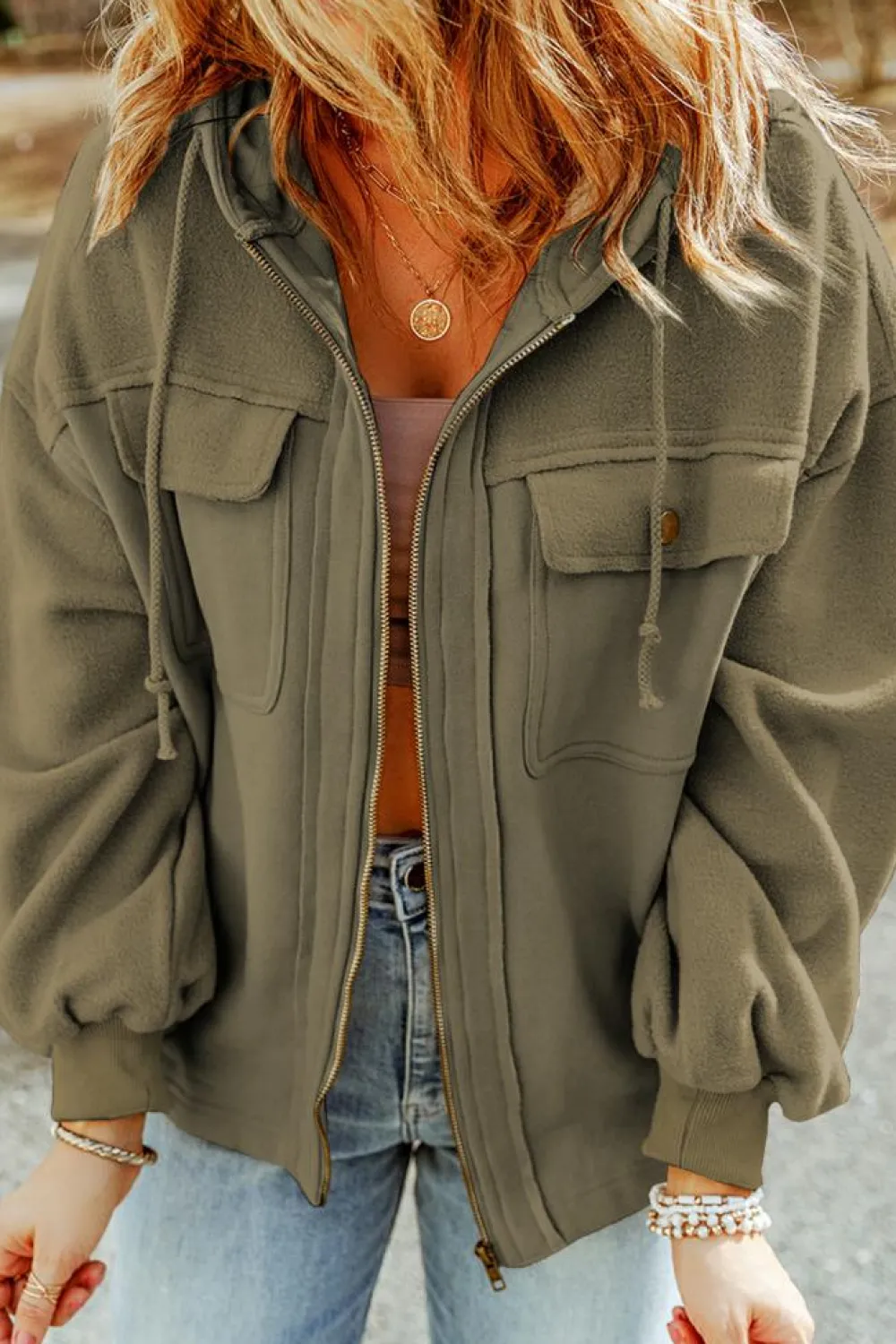 Online Dear-Lover Green Flap Pocket Drawstring Hood Zip Up Jacket Jungle Green