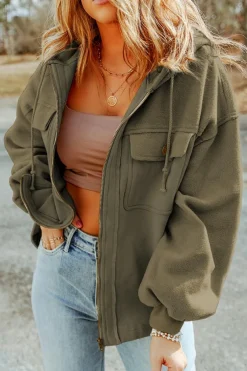 Online Dear-Lover Green Flap Pocket Drawstring Hood Zip Up Jacket Jungle Green