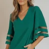 Clearance Dear-Lover Flare Sleeve V Neck Loose Blouse Green