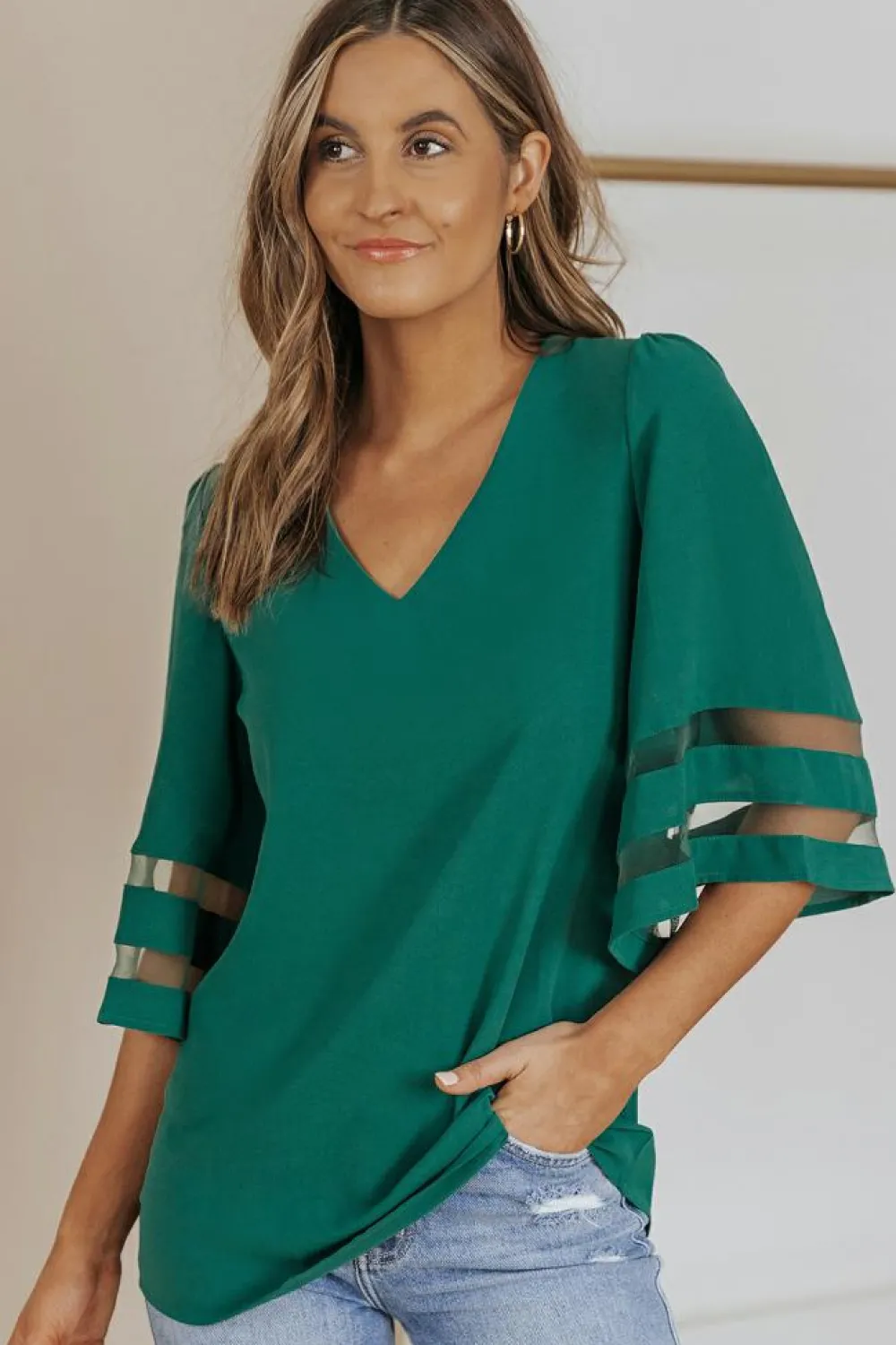 Clearance Dear-Lover Flare Sleeve V Neck Loose Blouse Green