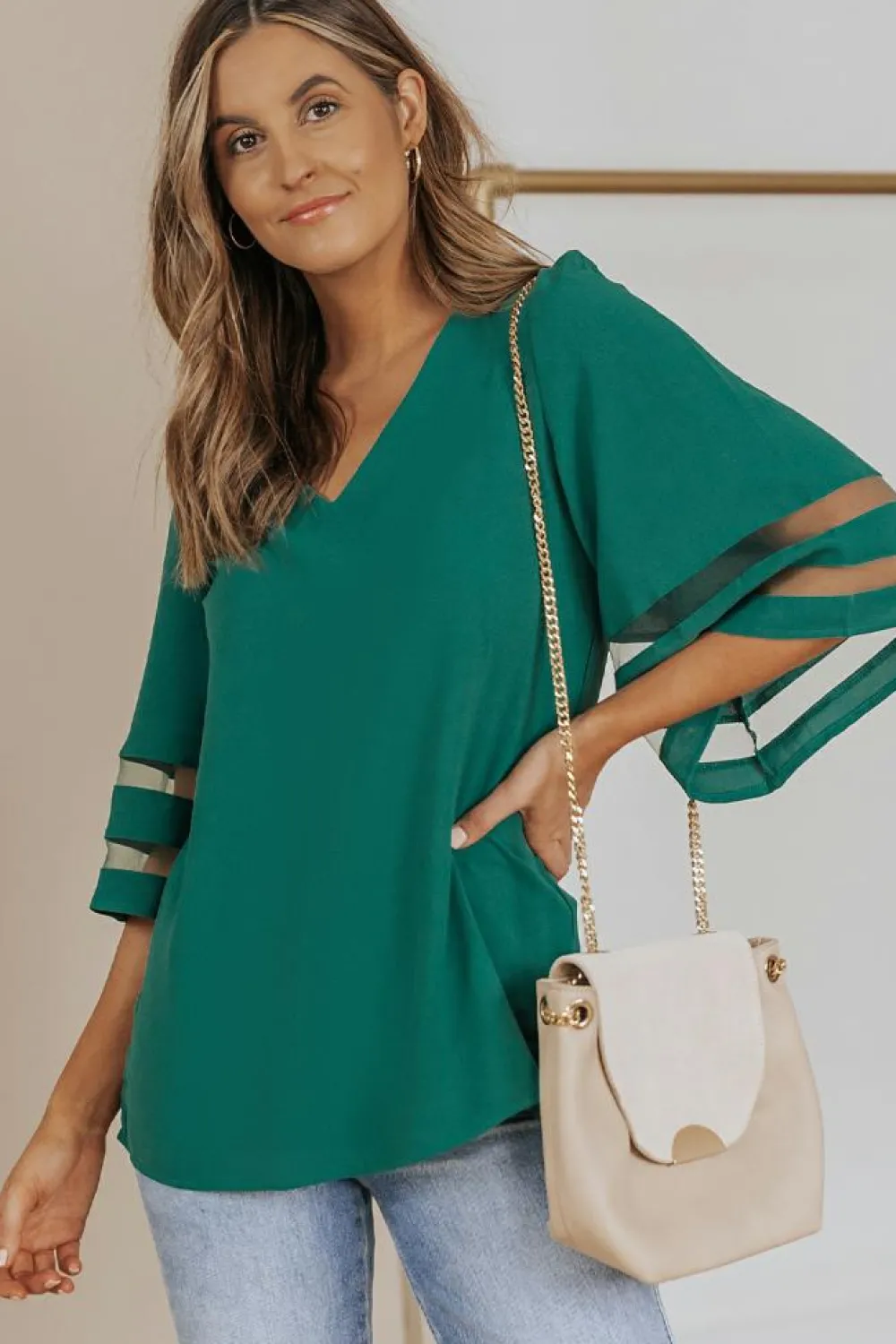 Clearance Dear-Lover Flare Sleeve V Neck Loose Blouse Green
