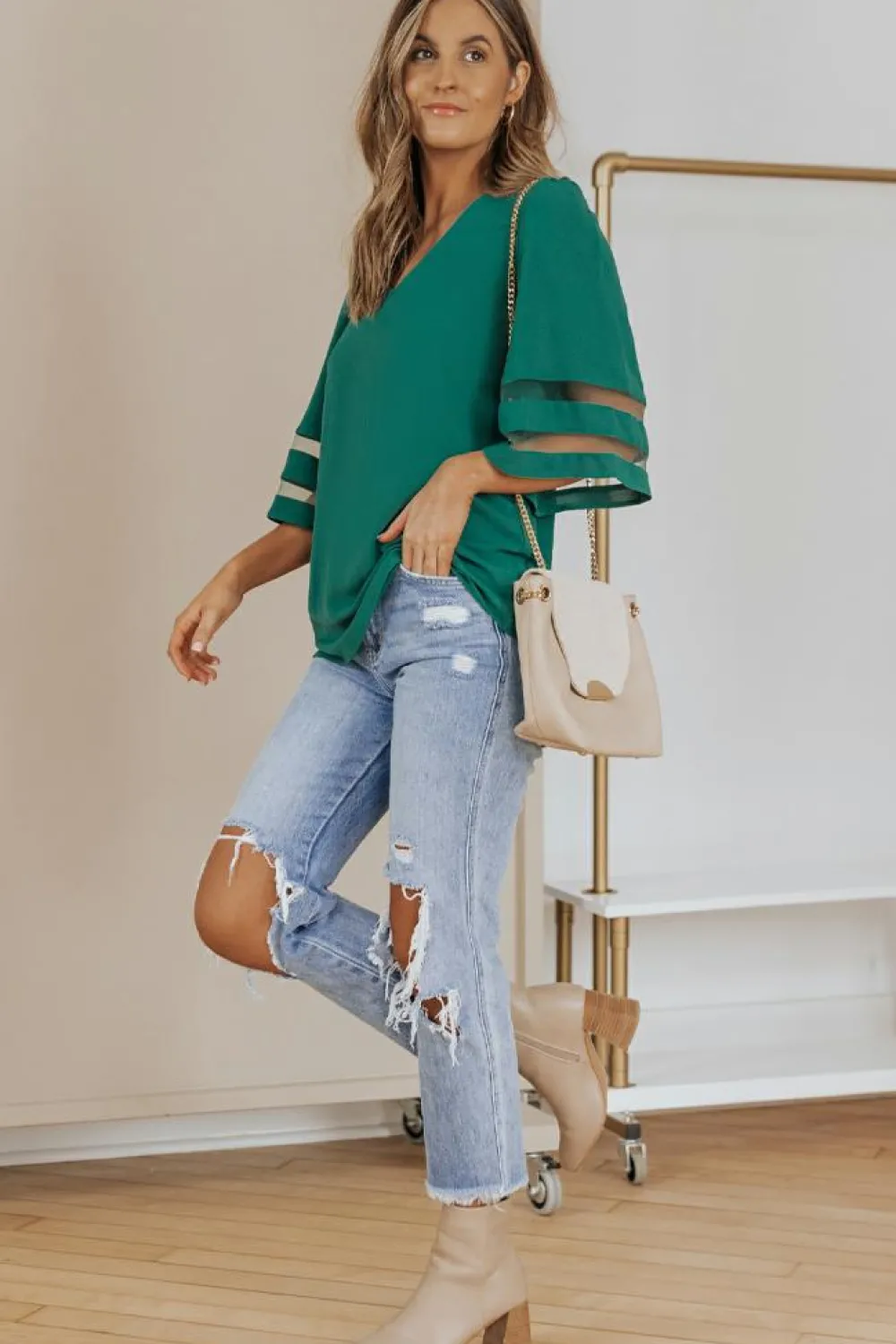 Clearance Dear-Lover Flare Sleeve V Neck Loose Blouse Green