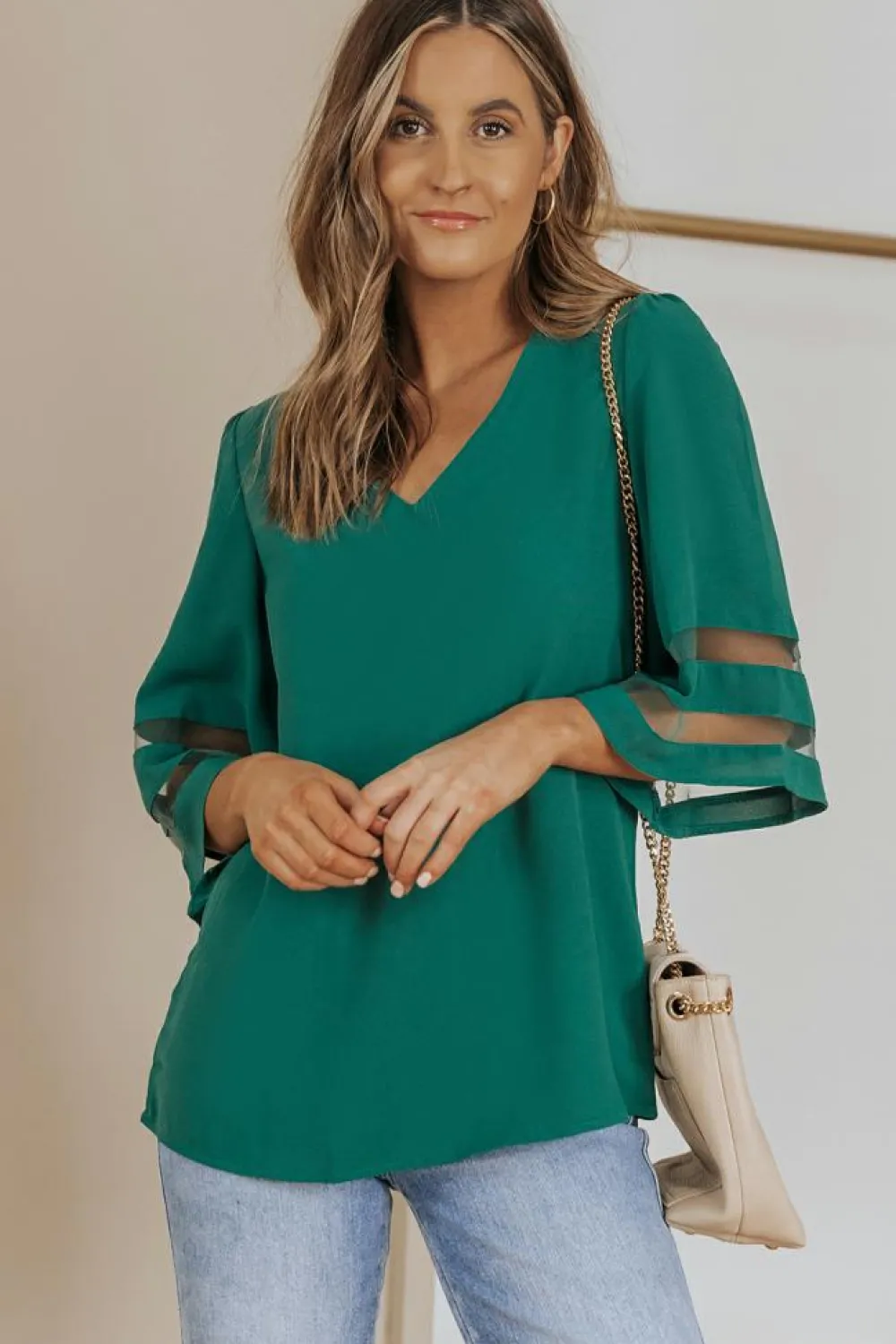 Clearance Dear-Lover Flare Sleeve V Neck Loose Blouse Green