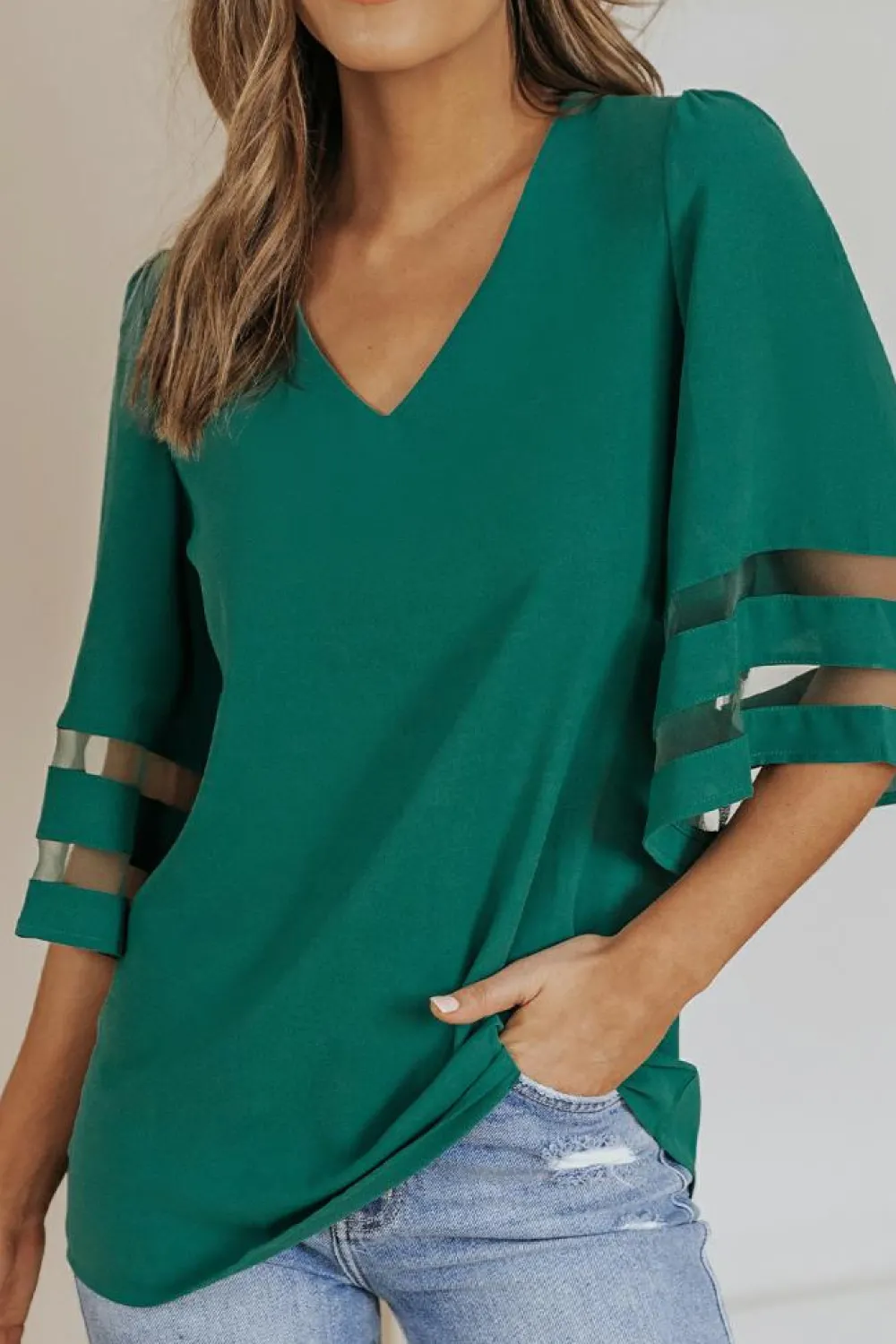 Clearance Dear-Lover Flare Sleeve V Neck Loose Blouse Green