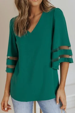 Clearance Dear-Lover Flare Sleeve V Neck Loose Blouse Green