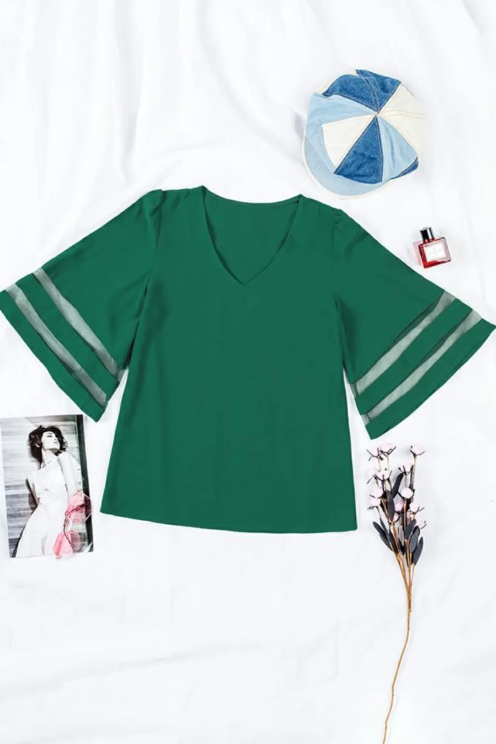Clearance Dear-Lover Flare Sleeve V Neck Loose Blouse Green