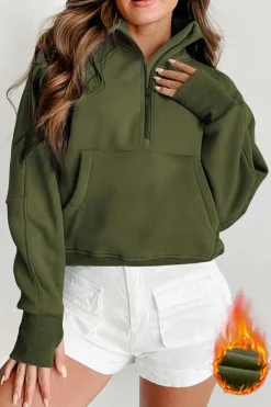 Hot Dear-Lover Fleece Lined Zip Up Stand Collar Thumbhole Sleeve Sweatshirt Green