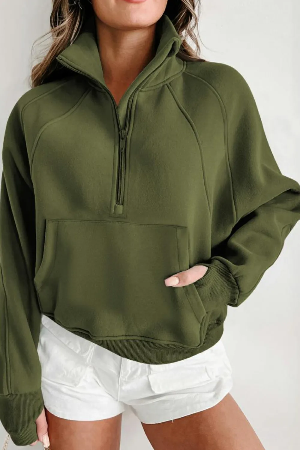 Hot Dear-Lover Fleece Lined Zip Up Stand Collar Thumbhole Sleeve Sweatshirt Green