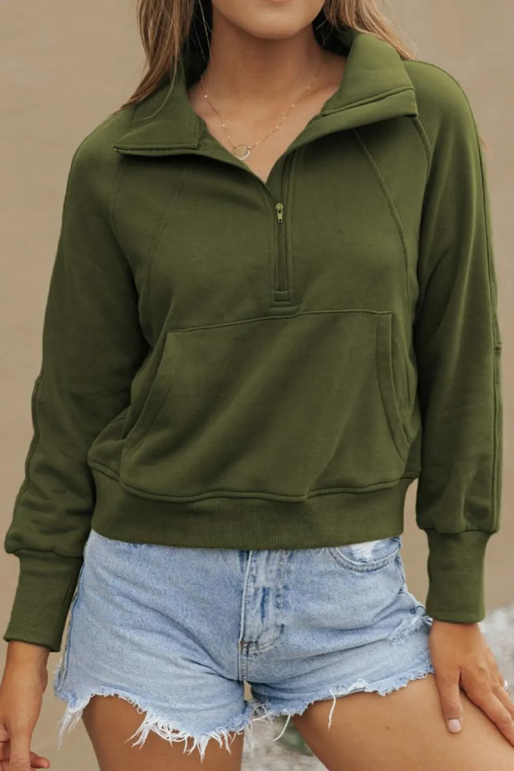 Hot Dear-Lover Fleece Lined Zip Up Stand Collar Thumbhole Sleeve Sweatshirt Green