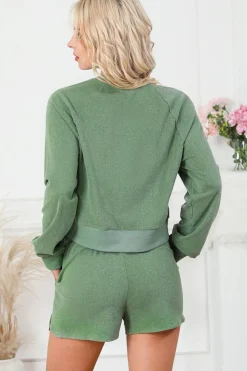 Fashion Dear-Lover Fleece Two-piece Cropped Pullover and Shorts Set Green