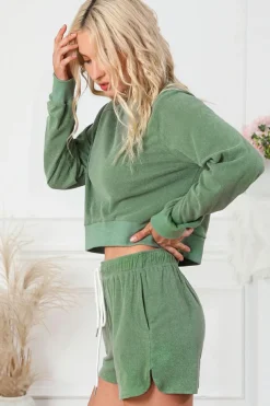 Fashion Dear-Lover Fleece Two-piece Cropped Pullover and Shorts Set Green