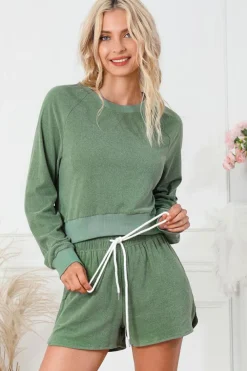 Fashion Dear-Lover Fleece Two-piece Cropped Pullover and Shorts Set Green