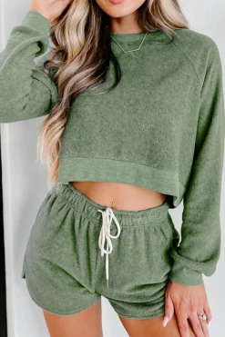 Fashion Dear-Lover Fleece Two-piece Cropped Pullover and Shorts Set Green