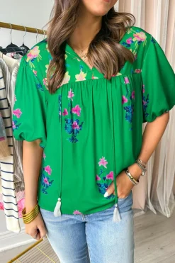 Online Dear-Lover Floral Detail Tie Split Neck Short Sleeve Blouse Green