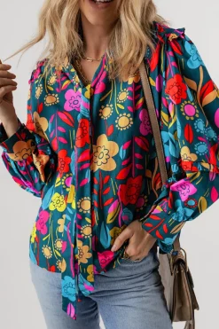 Online Dear-Lover Floral Knot Split Neck Puff Sleeve Blouse Green