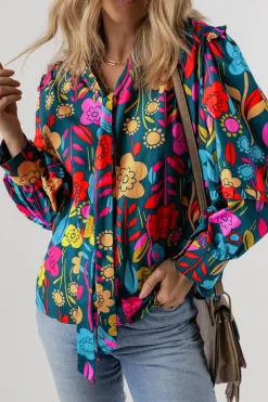 Online Dear-Lover Floral Knot Split Neck Puff Sleeve Blouse Green
