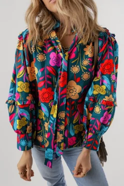 Online Dear-Lover Floral Knot Split Neck Puff Sleeve Blouse Green