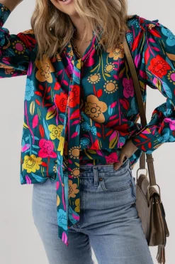 Online Dear-Lover Floral Knot Split Neck Puff Sleeve Blouse Green