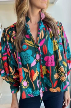 Online Dear-Lover Floral Knot Split Neck Puff Sleeve Blouse Green