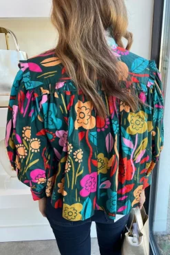 Online Dear-Lover Floral Knot Split Neck Puff Sleeve Blouse Green