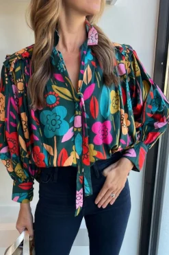Online Dear-Lover Floral Knot Split Neck Puff Sleeve Blouse Green