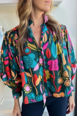 Online Dear-Lover Floral Knot Split Neck Puff Sleeve Blouse Green