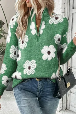 Best Dear-Lover Floral Pattern Half Zip Drop Shoulder Sweater Green