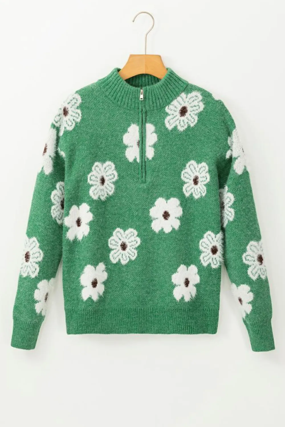 Best Dear-Lover Floral Pattern Half Zip Drop Shoulder Sweater Green