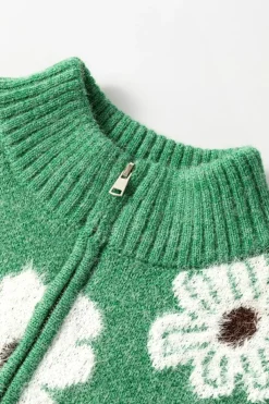 Best Dear-Lover Floral Pattern Half Zip Drop Shoulder Sweater Green