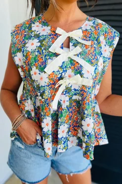New Dear-Lover Floral Print Bow Applique Slit Sleeveless Peplum Blouse Green