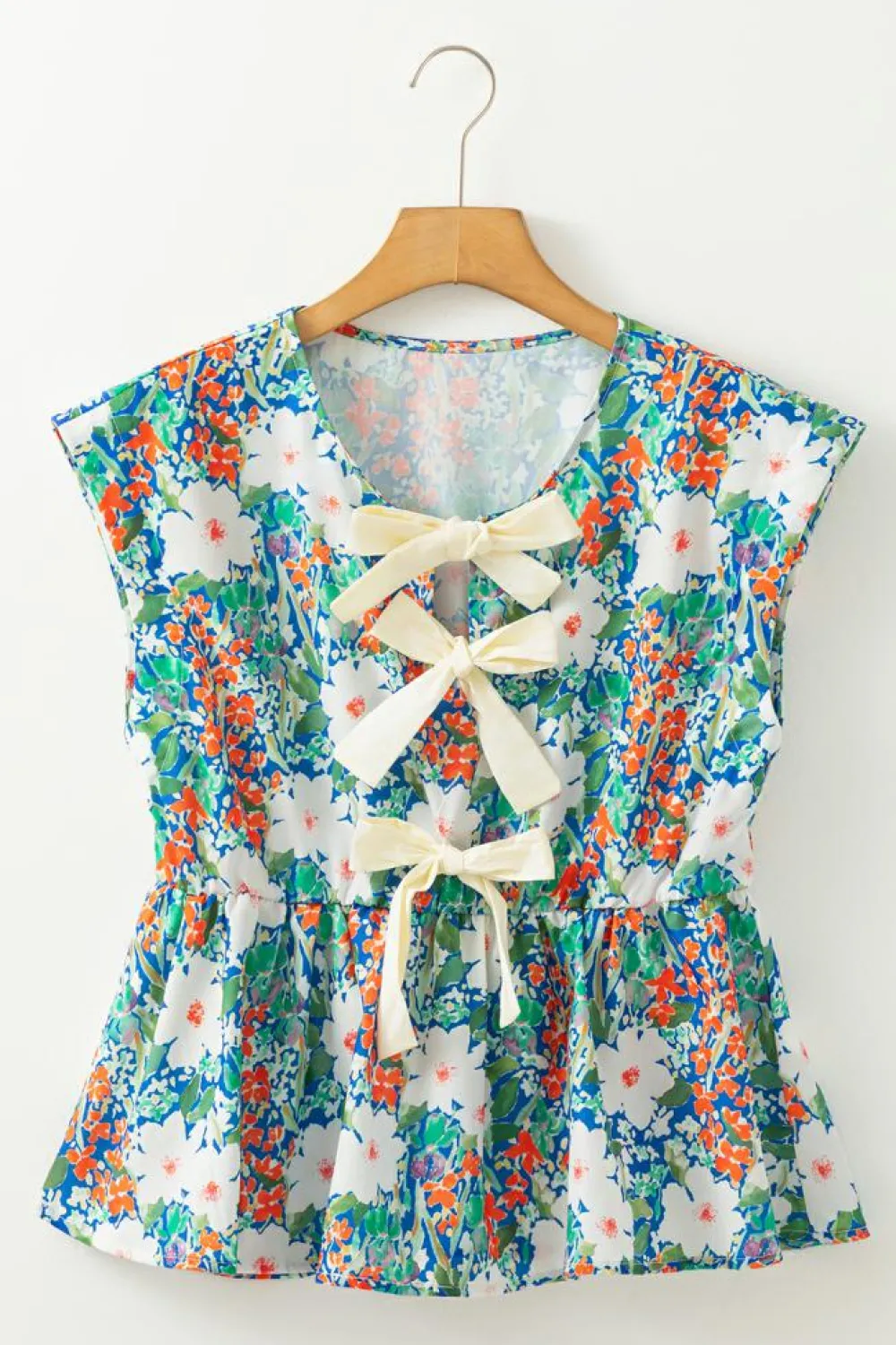 New Dear-Lover Floral Print Bow Applique Slit Sleeveless Peplum Blouse Green