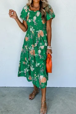 Clearance Dear-Lover Floral Print Bubble Sleeve Smocked Tiered Midi Dress Green
