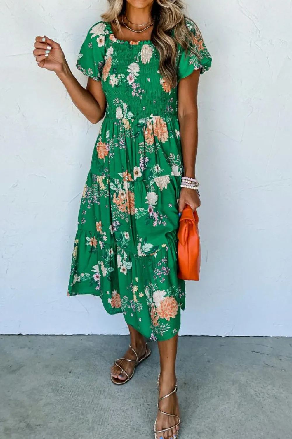 Clearance Dear-Lover Floral Print Bubble Sleeve Smocked Tiered Midi Dress Green