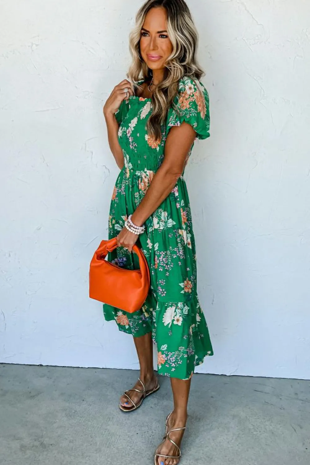 Clearance Dear-Lover Floral Print Bubble Sleeve Smocked Tiered Midi Dress Green