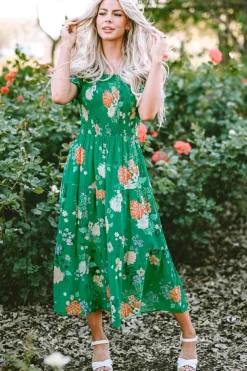 Clearance Dear-Lover Floral Print Bubble Sleeve Smocked Tiered Midi Dress Green