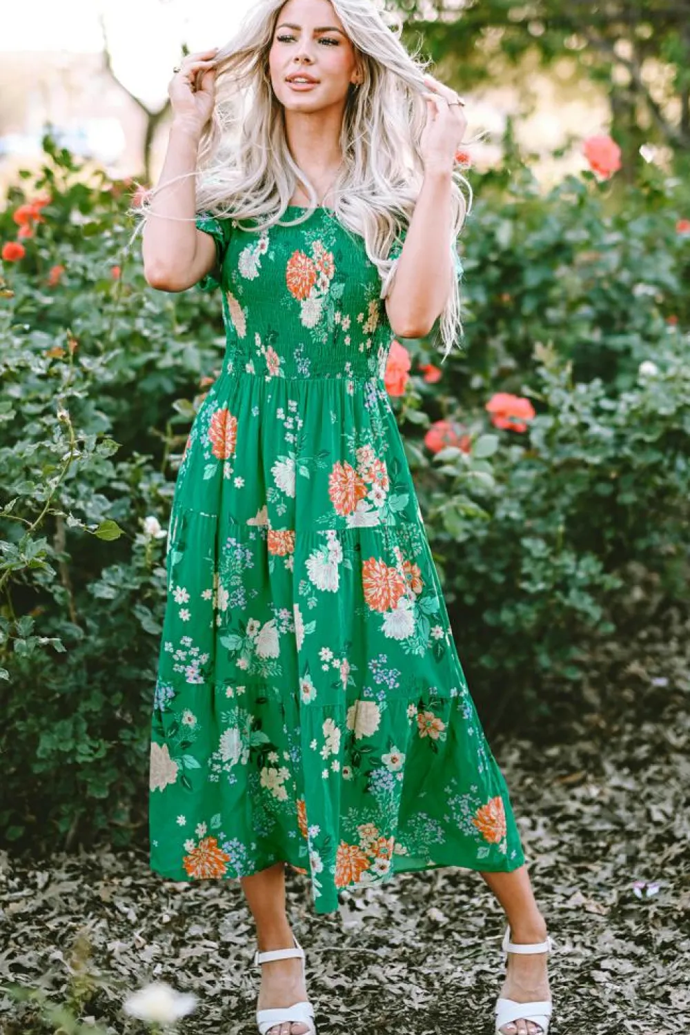Clearance Dear-Lover Floral Print Bubble Sleeve Smocked Tiered Midi Dress Green
