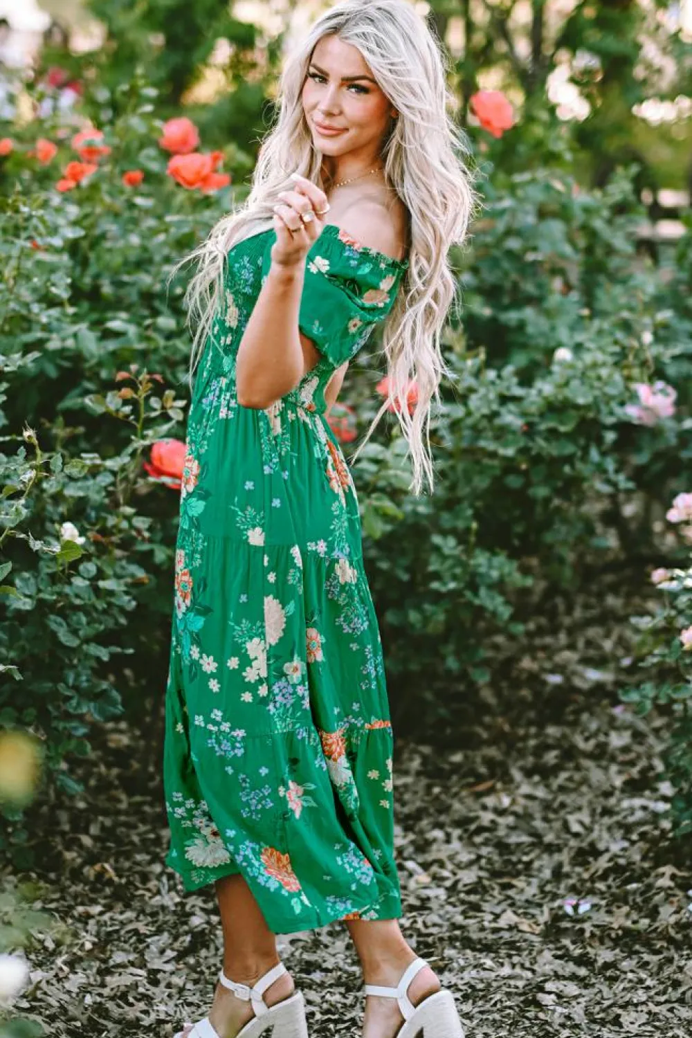 Clearance Dear-Lover Floral Print Bubble Sleeve Smocked Tiered Midi Dress Green