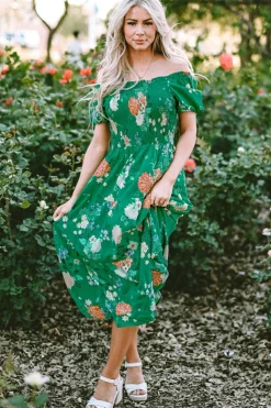 Clearance Dear-Lover Floral Print Bubble Sleeve Smocked Tiered Midi Dress Green